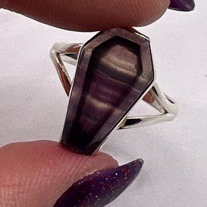 Rainbow Fluorite Coffin Ring Size 7.5 - Sterling Silver